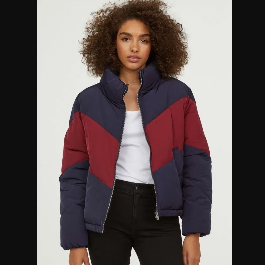 H&M Two-Tone Puffer Jacket - Navy & Burgundy Size Small Preloved